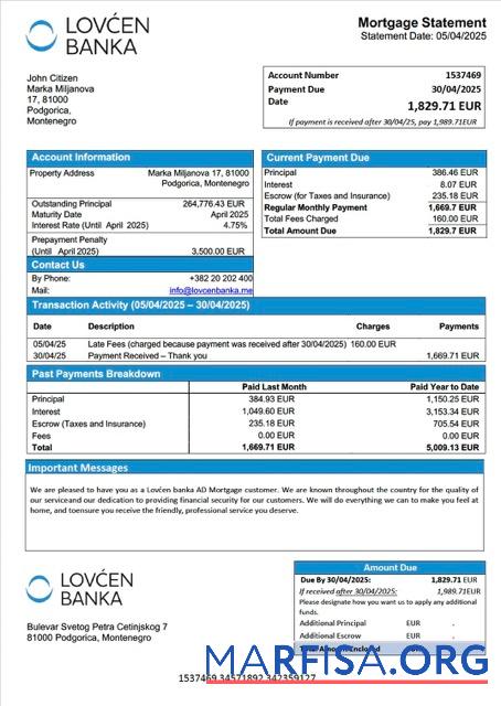 Realistic Montenegro Lovćen banka AD mortgage statement Word and PDF template